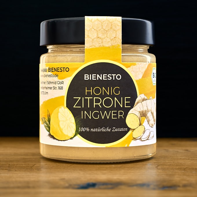 Honig mit Zitrone und Ingwer aus 100% natürlichen Zutaten in Bio-Qualität, 250g Glas
