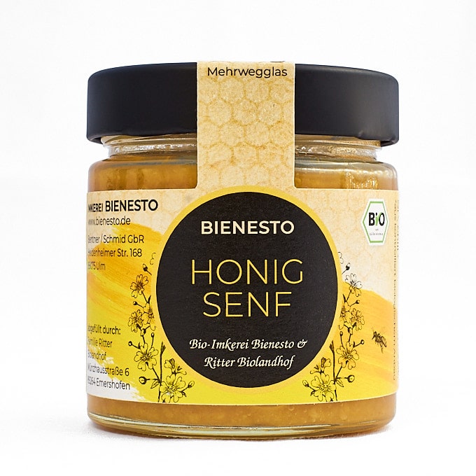 Produktbild 200g Glas Honig-Senf, eine Honigsenf Soße der Bio-Imkerei Bienesto, Honigsenf regional und nachhaltig in Bio-Qualität in zusammenarbeit mit Ritter Biolandhof